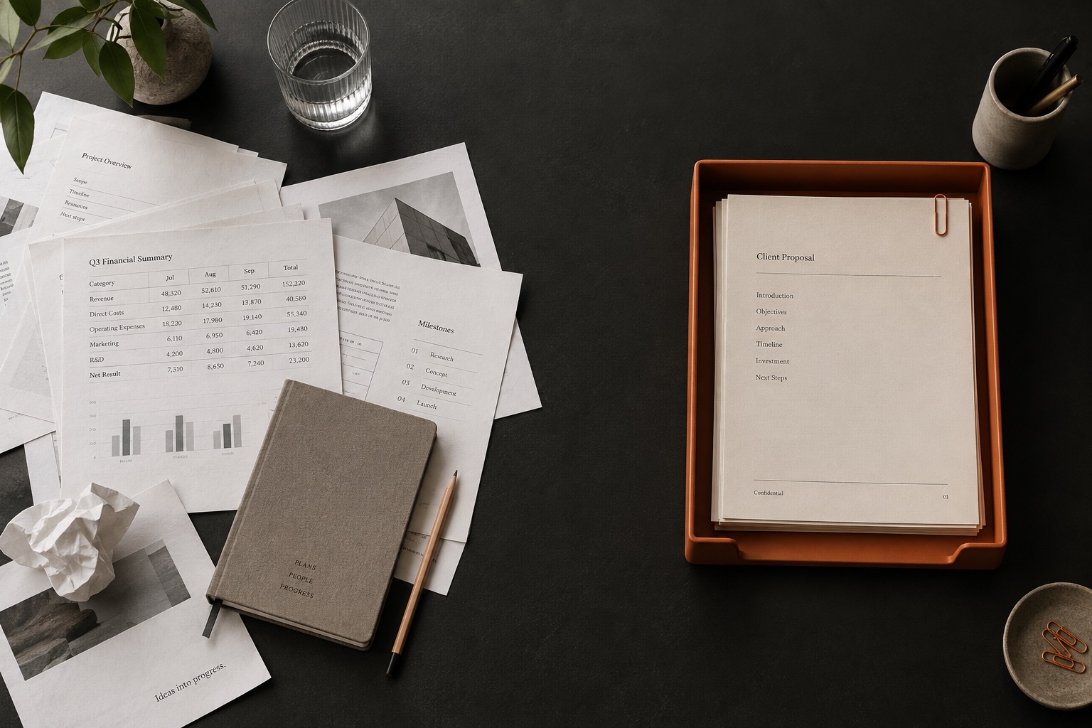 Illustrative office workbench with loose documents and an organised terracotta tray